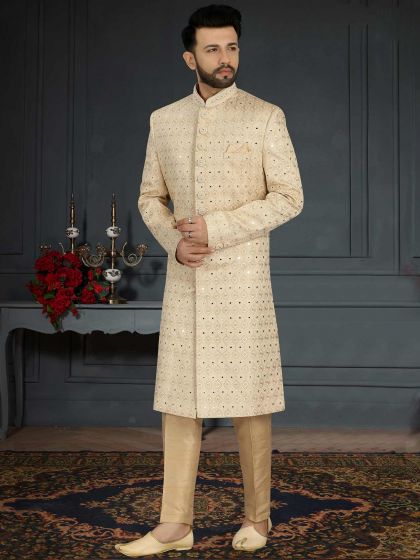 Golden Colour Jacquard,Silk Fabric Mens Sherwani.