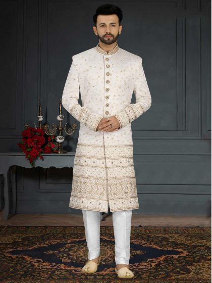 Jacquard,Silk Fabric Indian Groom Sherwani White Colour.