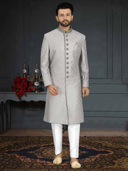 Grey Colour Jacquard,Silk Fabric Mens Sherwani.