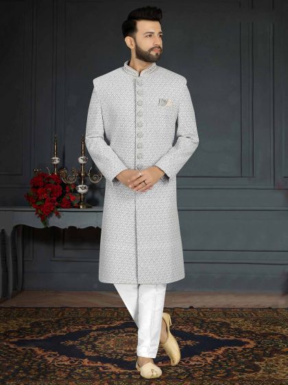 Light Grey Colour Jacquard,Silk Fabric Designer Sherwani.