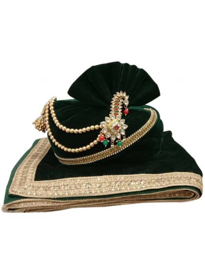 Dark Green Colour Velvet Fabric Groom Wedding Turban.