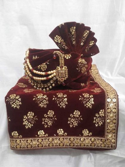 Maroon Colour Velvet Fabric Designer Wedding Turban.