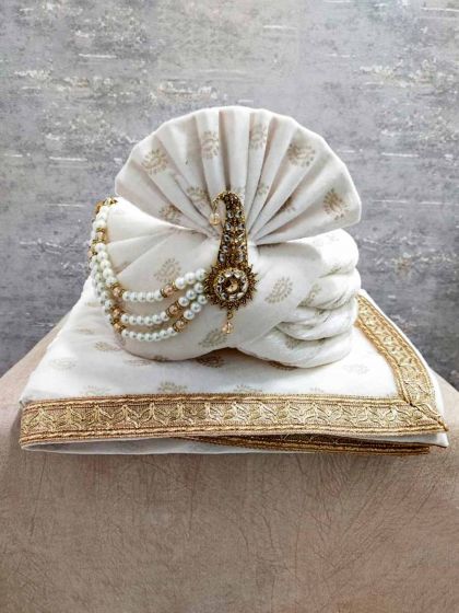 Indian Wedding Men's Turban Cream Colour Silk Fabric.