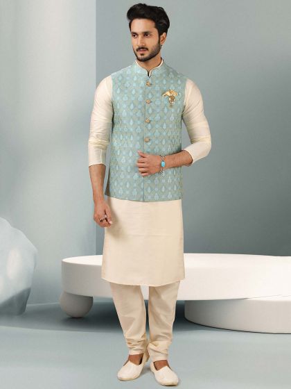 Off White Jacquard Kurta Jacket Set