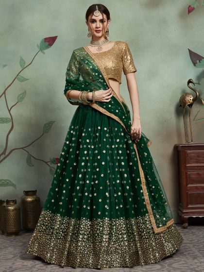 Dark Green Colour Designer Lehenga Choli in Net Fabric.