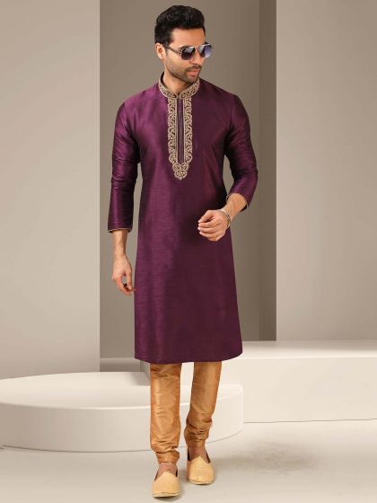 Purple Colour Designer Kurta Pajama in Banarasi Silk Fabric.