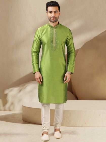 Green Colour Banarasi Silk Kurta Pajama.