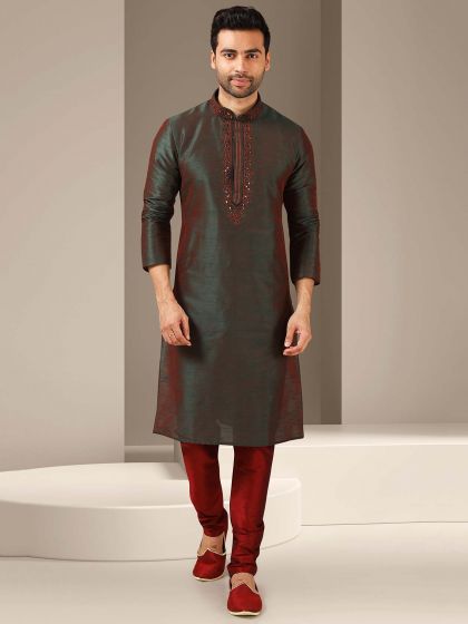 Maroon,Green Colour Banarasi Silk Fabric Mens Kurta Pajama.