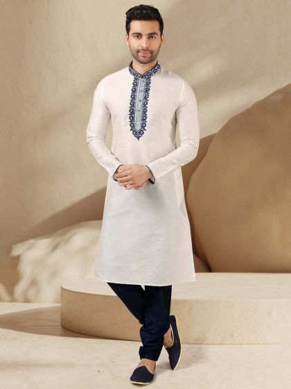 Off White Colour Banarasi Silk Fabric Mens Kurta Pajama.