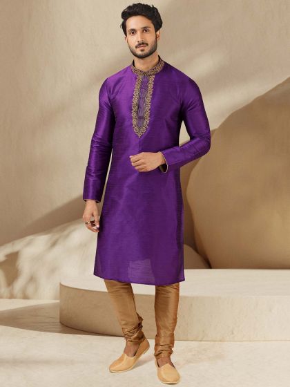 Purple Colour Banarasi Silk Fabric Mens Kurta Pajama.