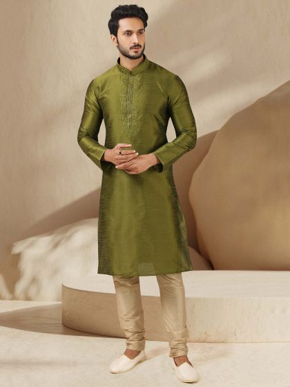 Green Colour Banarasi Silk Fabric Kurta Pajama.