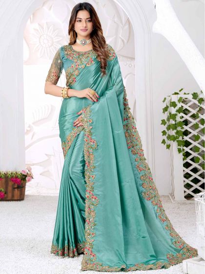 Silk Designer Saree Turquoise Colour.