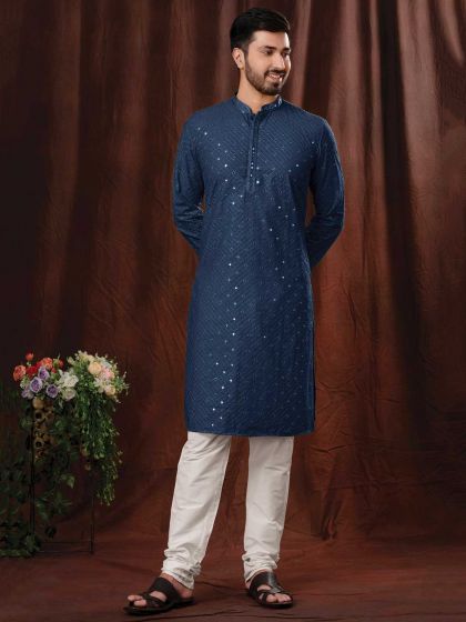 Blue Colour Party Wear Kurta Pajama in Cotton Fabric.