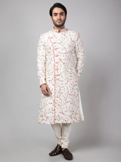 Off White Colour Cotton,Silk Fabric Indian Designer Sherwani.