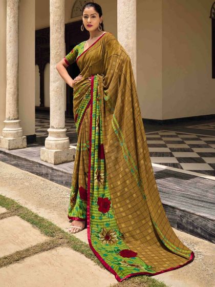 Brown Printed Casual Saree In Georgette