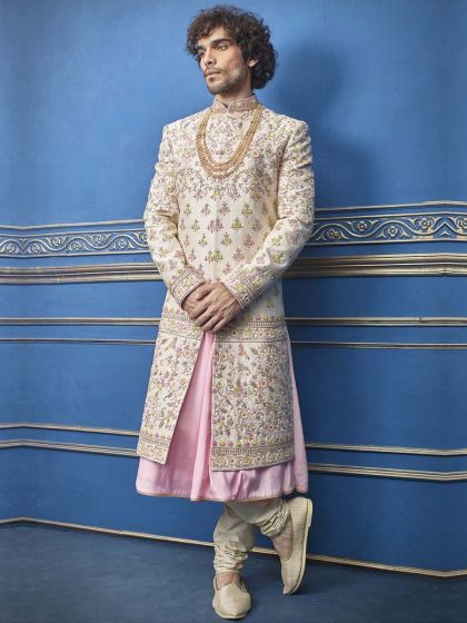 Cream Colour Silk Designer Sherwani For Men.