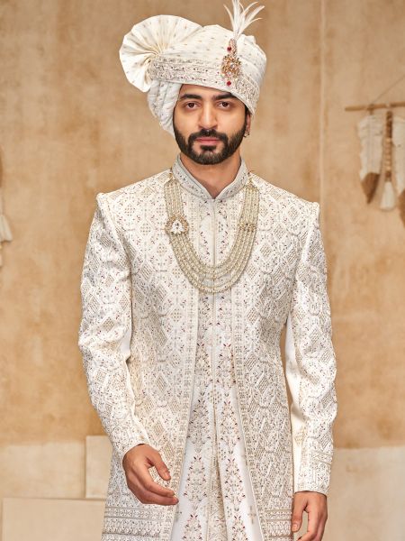 White Menswear Wedding Sherwani In Floral Work