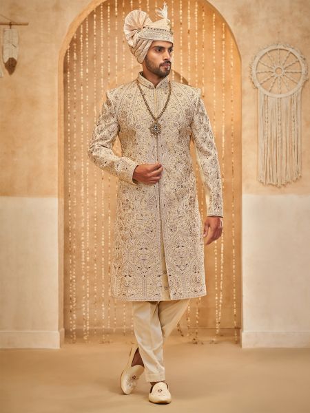 Ivory Golden Embroidered Men's Sherwani In Silk