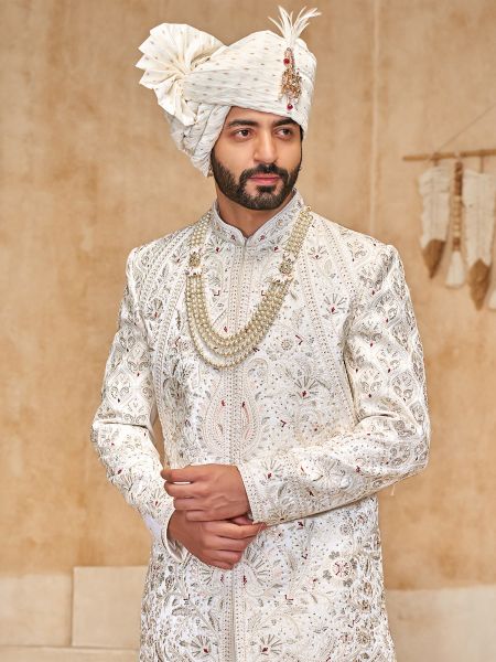 White Sequins Augmented Sherwani With Kurta