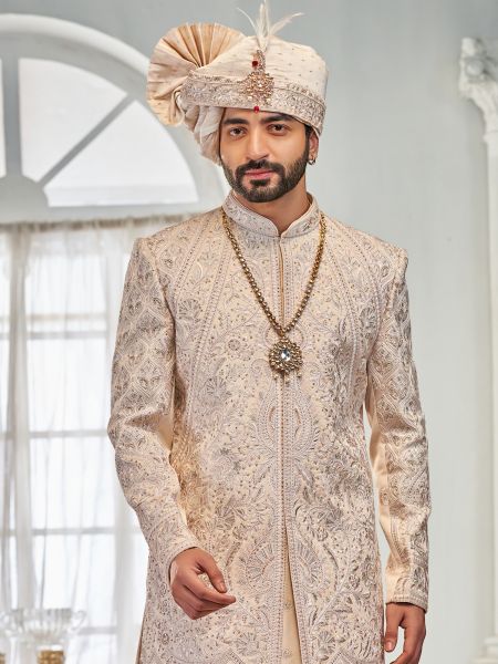 Cream Wedding Sherwani Set In Stone Embellishment