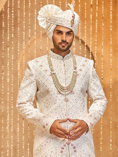 White Floral Embellished Silk Sherwani For Mens