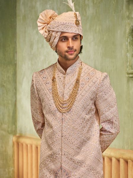 Peach Mirror Embroidered Men's Sherwani Set