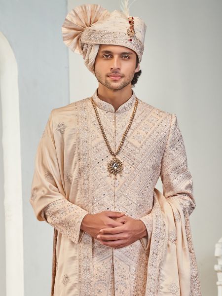 Cream Wedding Groom's Sherwani Set With Stole