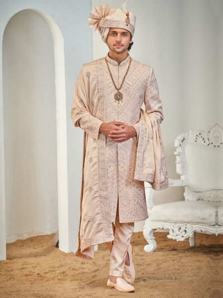 Cream Wedding Groom's Sherwani Set With Stole