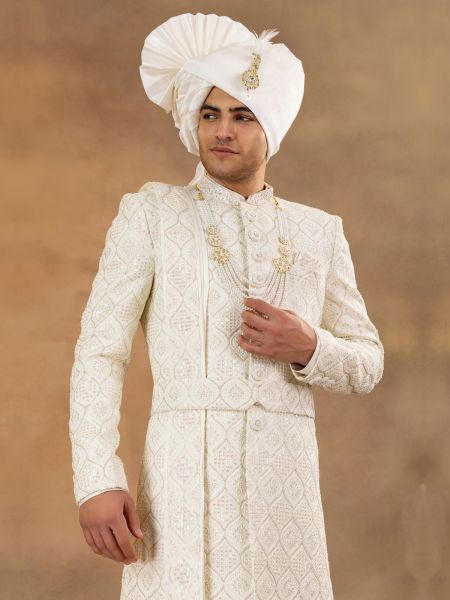 Off White Wedding Groom's Sherwani With Kurta