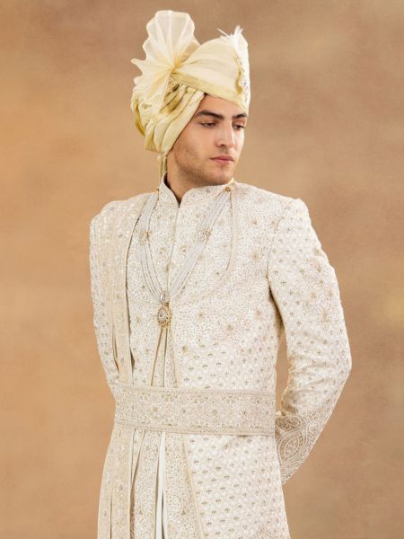 White Layered Sherwani In Zari Embellishment