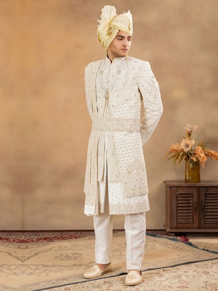 White Layered Sherwani In Zari Embellishment