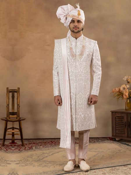 Pink Wedding Sherwani With Embroidered Stole