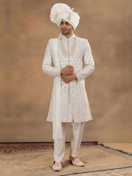 Off White Men's Sherwani In Silk With Stole