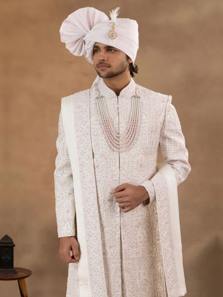 Light Pink Stone Embroidered Sherwani For Men