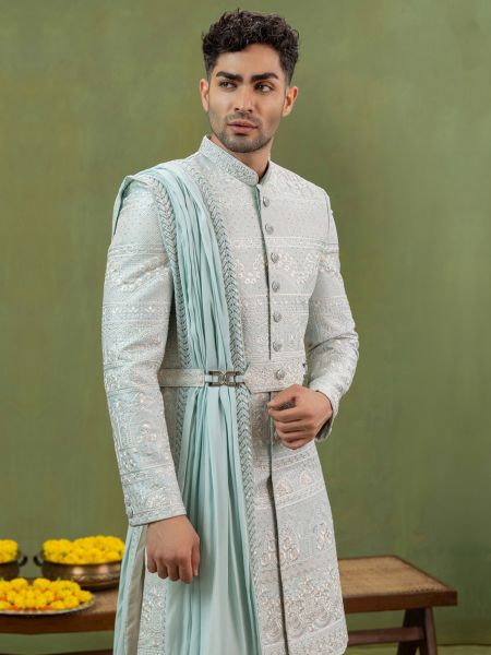 Blue Thread Enhanced Sherwani With Stole For Men