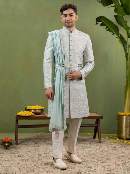 Blue Thread Enhanced Sherwani With Stole For Men