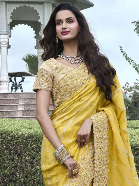 Golden Yellow Heavy Zari Work Silk Saree