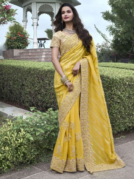 Golden Yellow Heavy Zari Work Silk Saree