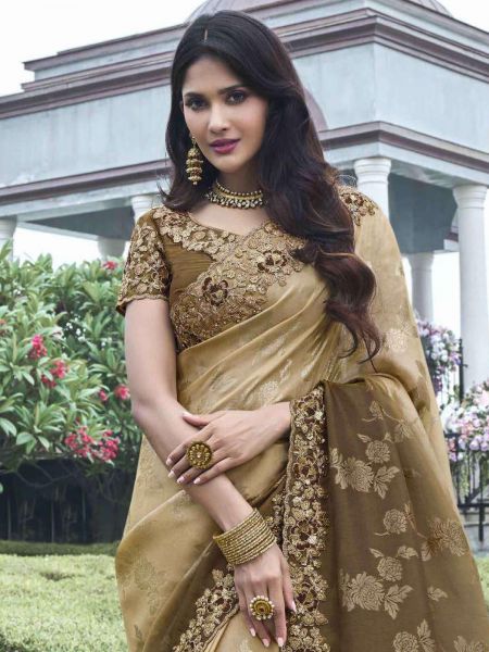 Brown Shaded Zari Embroidered Silk Saree