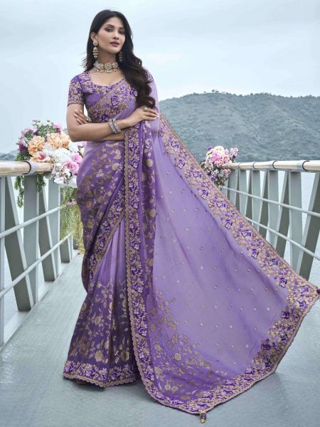 Lilac Floral Woven Silk Saree In Ombre Shade