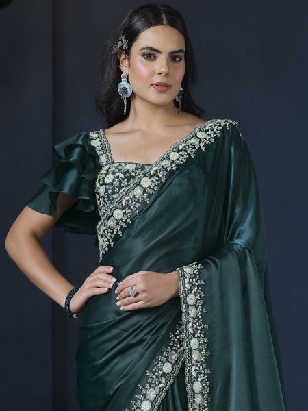 Teal Blue Floral Embroidred Bordered Crepe Saree