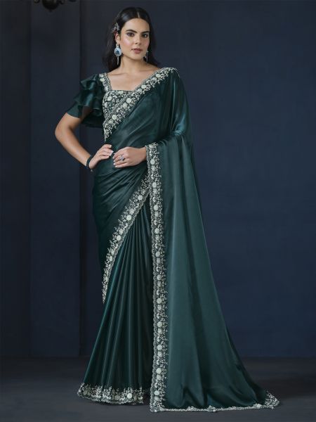 Teal Blue Floral Embroidred Bordered Crepe Saree