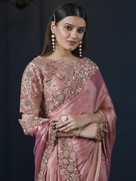 Pink Zari Enhanced Chiffon Saree With Blouse