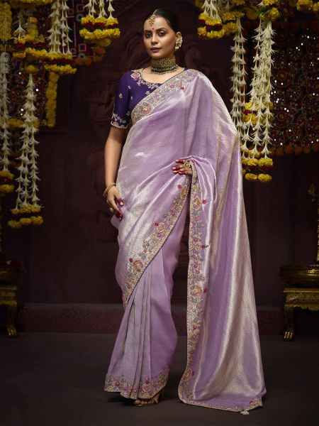 Lilac Silk Saree In Stone Embellishment