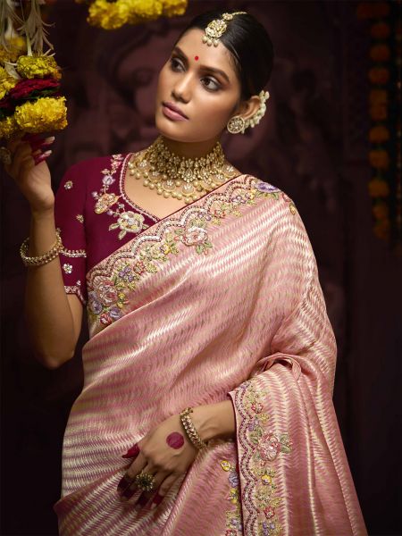 Peach Heavy Embroidered Saree With Blouse