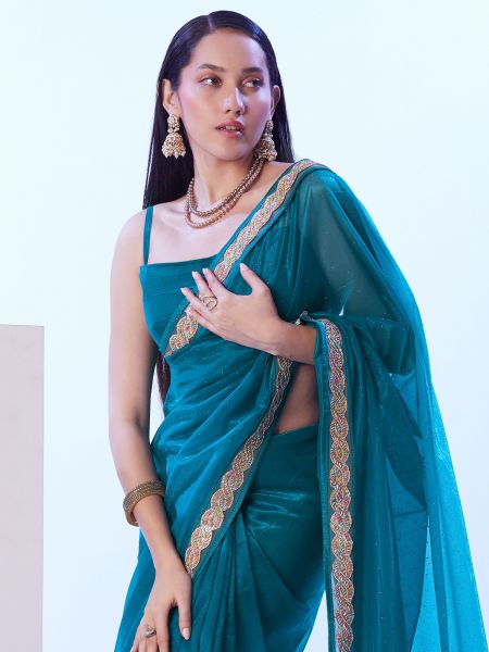 Blue Wedding Wear Embroidered Saree In Net