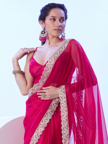 Red Bridesmaid Saree With Embroidered Borders