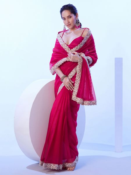 Red Bridesmaid Saree With Embroidered Borders