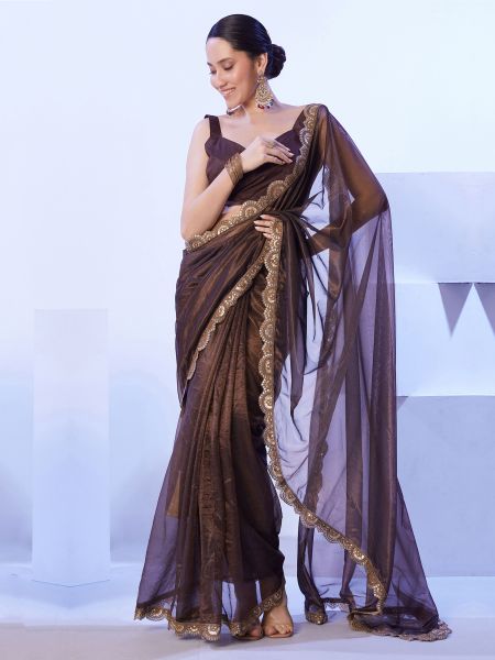 Chocolate Brown Sequins Augmented Net Saree