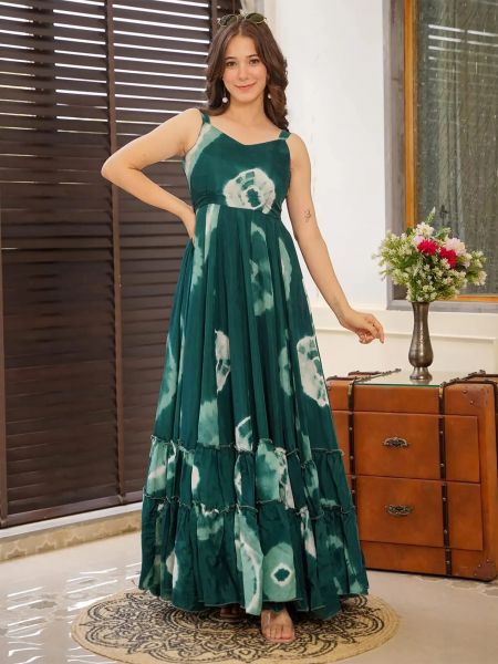 Green Party Wear Rayon Gown In Print